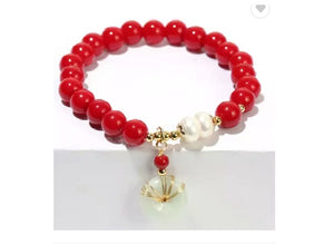Red Coral Bracelet with Jade Coin